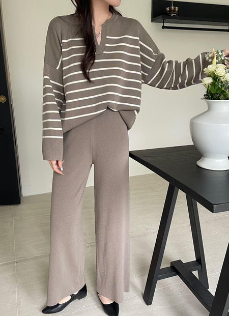 Rachel Striped Coord Set - full-length shot on model, brown - Miss Mosa By Akanksha