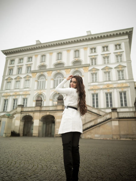 Rader Set of Top and Woolen Tweed Dress In White - front shot on model - Miss Mosa By Akanksha