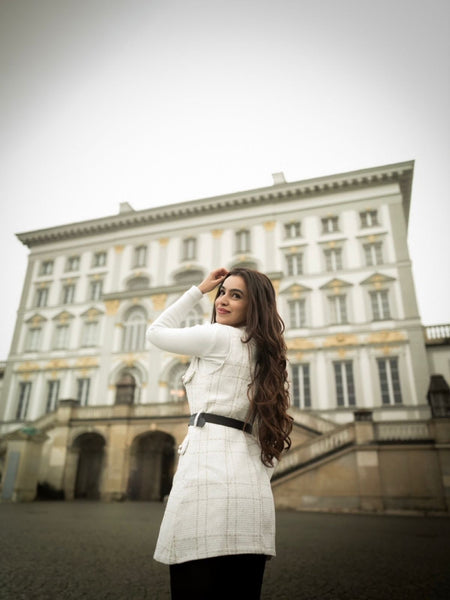 Rader Set of Top and Woolen Tweed Dress In White - front shot on model - Miss Mosa By Akanksha