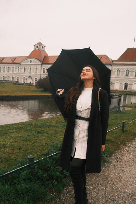 Rader Set of Top and Woolen Tweed Dress In White - full-length shot on model with umbrella - Miss Mosa By Akanksha