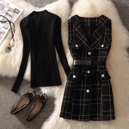 Rader Set of Top and Woolen Tweed Dress in Black - styled flat-lay shot, black - Miss Mosa By Akanksha