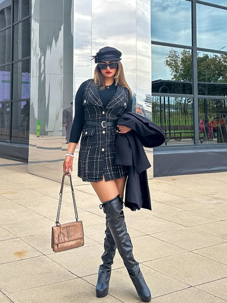 Rader Set of Top and Woolen Tweed Dress in Black - full-length shot on model, black - Miss Mosa By Akanksha
