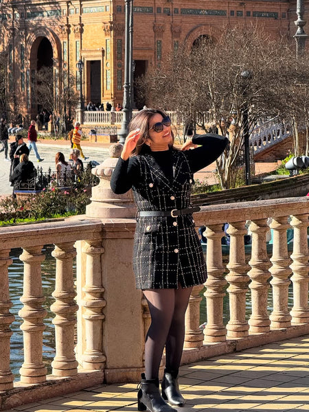 Rader Set of Top and Woolen Tweed Dress in Black - lifestyle shot on model, black - Miss Mosa By Akanksha