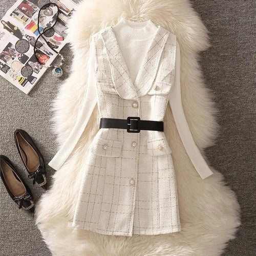 Rader Set of Top and Woolen Tweed Dress In White