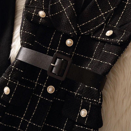 Rader Set of Top and Woolen Tweed Dress in Black - close-up of belt detail, black - Miss Mosa By Akanksha