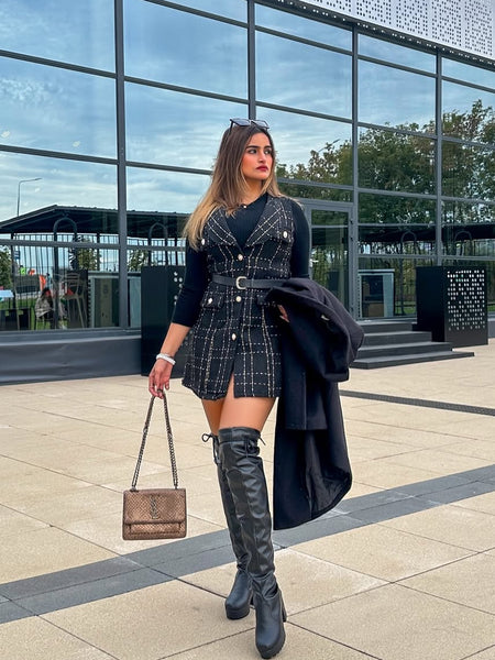Rader Set of Top and Woolen Tweed Dress in Black - full-length shot on model, black - Miss Mosa By Akanksha