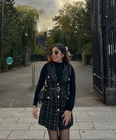 Rader Set of Top and Woolen Tweed Dress in Black - full-length shot on model, black - Miss Mosa By Akanksha