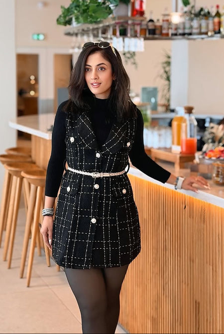 Rader Set of Top and Woolen Tweed Dress in Black - front shot on model, black - Miss Mosa By Akanksha