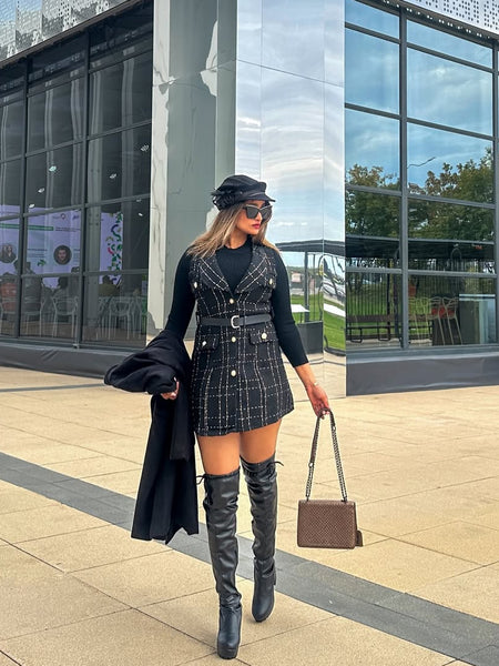 Rader Set of Top and Woolen Tweed Dress in Black - full-length shot on model, black - Miss Mosa By Akanksha