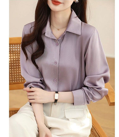 Rador Luxury Satin Shirts - front shot on model, purple - Miss Mosa By Akanksha