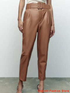 Raey Leather Pants - front shot on model, tan - Miss Mosa By Akanksha