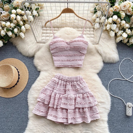 Raina 2 Piece Summer Coord Set - Resortwear - flat-lay shot of crop top and skirt, pink - Miss Mosa By Akanksha