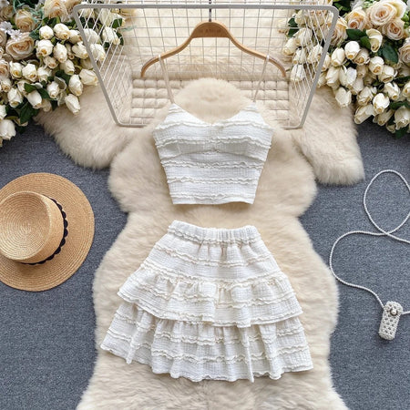 Raina 2 Piece Summer Coord Set - Resortwear - flat-lay shot of crop top and skirt, white - Miss Mosa By Akanksha