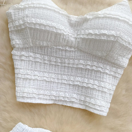 Raina 2 Piece Summer Coord Set - Resortwear - close-up of ruffle top detail, white - Miss Mosa By Akanksha