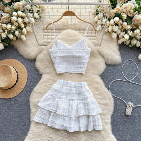 Raina 2 Piece Summer Coord Set - Resortwear - flat-lay shot of crop top and skirt, white - Miss Mosa By Akanksha