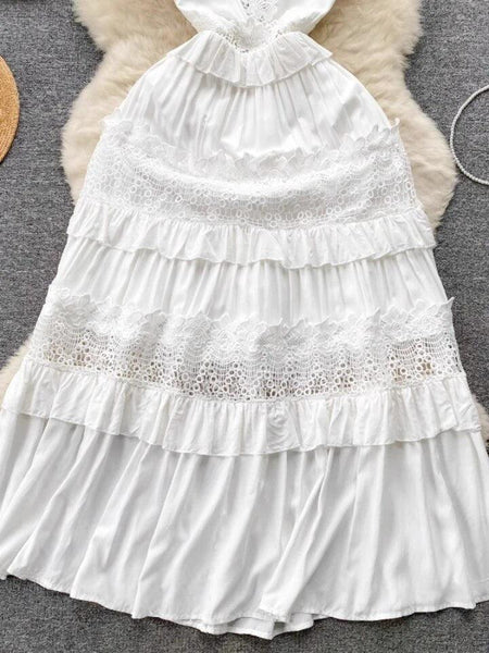 Raina Maxi Dress in White - close-up of tiered skirt, white - Miss Mosa By Akanksha