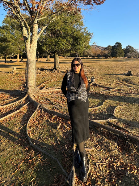 Rasa Luxe Woolen 3 Pc Set in Black - styling shot on model outdoors - Miss Mosa By Akanksha