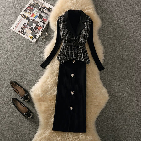 Rasa Luxe Woolen 3 Pc Set in Black - flat-lay shot of vest and skirt - Miss Mosa By Akanksha