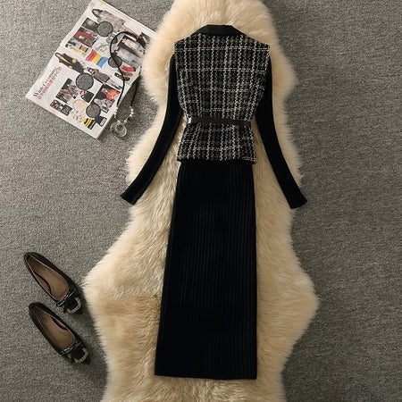 Rasa Luxe Woolen 3 Pc Set in Black - flat-lay shot of vest and skirt - Miss Mosa By Akanksha