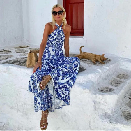 Rassha Printed Summer Holiday Dress In Blue - front shot on model seated - Miss Mosa By Akanksha