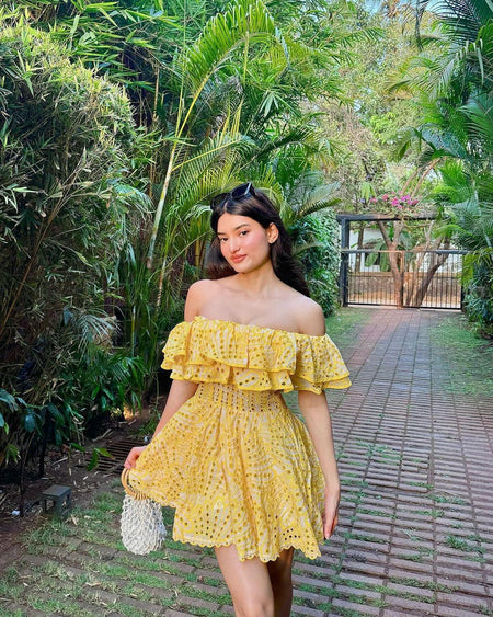 Ravello Luxe Summer Dress in Yellow - lifestyle shot on model, yellow - Miss Mosa By Akanksha