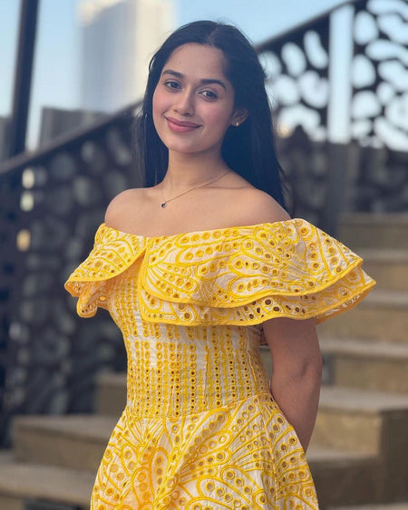 Ravello Luxe Summer Dress in Yellow - close-up of bodice, yellow - Miss Mosa By Akanksha