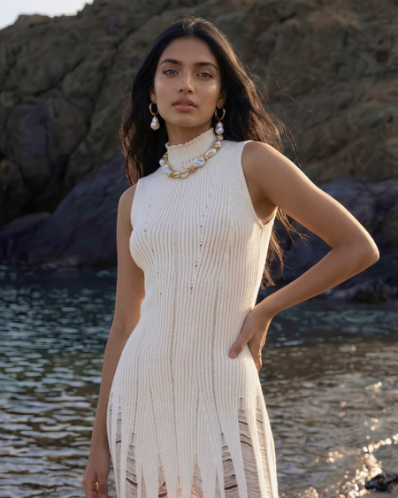 Raven Luxe Soft Knit Dress - front shot on model, cream - Miss Mosa By Akanksha