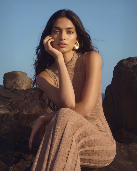 Raven Luxe Soft Knit Dress - side shot on model, beige - Miss Mosa By Akanksha