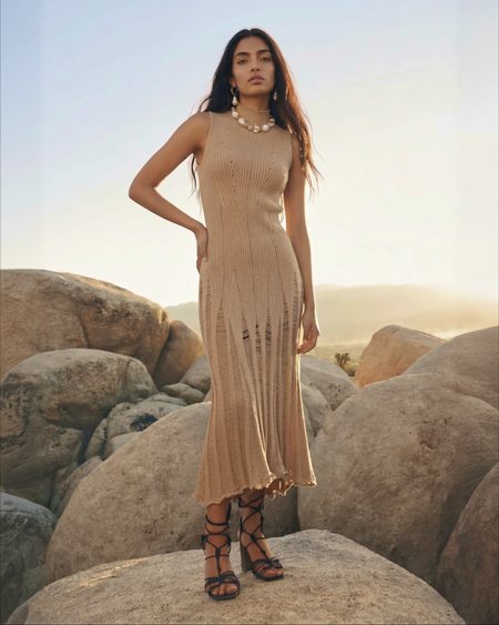 Raven Luxe Soft Knit Dress - full-length shot on model, beige - Miss Mosa By Akanksha