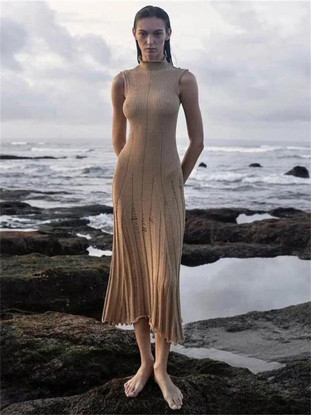 Raven Luxe Soft Knit Dress - full-length shot on model, beige - Miss Mosa By Akanksha