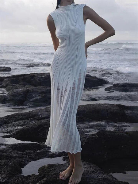 Raven Luxe Soft Knit Dress - full-length shot on model, white - Miss Mosa By Akanksha