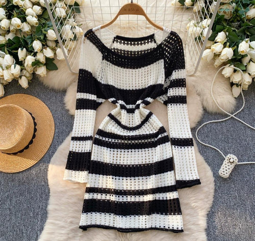 Raven Striped Crochet Dress In Black
