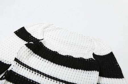 Raven Striped Crochet Dress In Black - close-up of neckline and sleeve - Miss Mosa By Akanksha