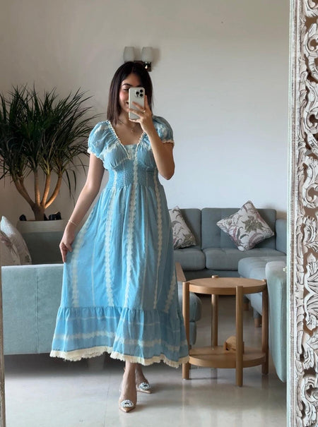 Raven Summer Maxi Dress in blue - full-length shot on model, blue - Miss Mosa By Akanksha