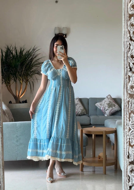 Raven Summer Maxi Dress in blue - full-length shot on model, blue - Miss Mosa By Akanksha