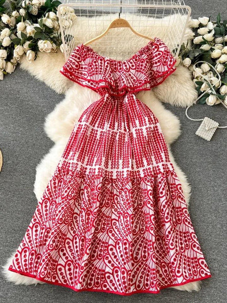 Ravenna Luxe Summer Bardot Dress - front shot on hanger, red - Miss Mosa By Akanksha