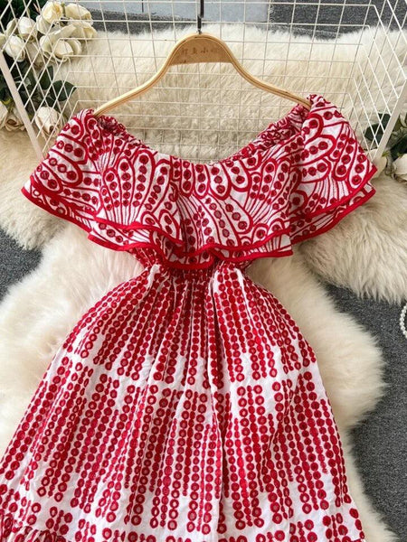 Ravenna Luxe Summer Bardot Dress - close-up of bardot neckline, red - Miss Mosa By Akanksha