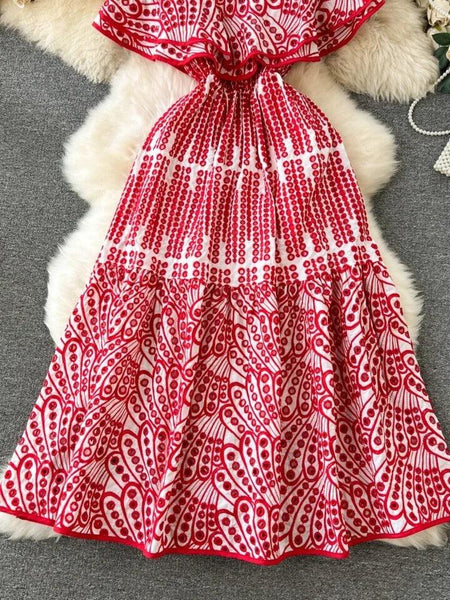 Ravenna Luxe Summer Bardot Dress - close-up of skirt print, red - Miss Mosa By Akanksha