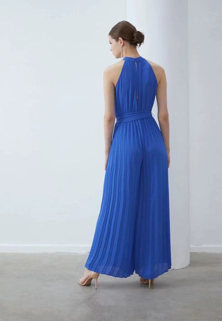 Raya Halter Neck Jumpsuit - back shot on model, blue - Miss Mosa By Akanksha