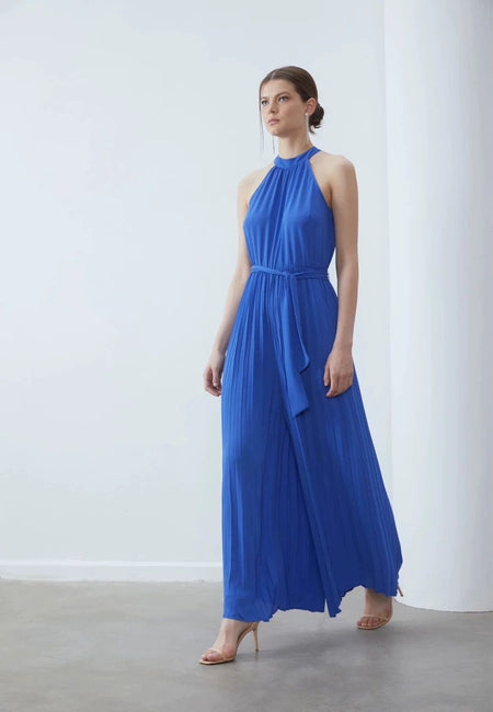 Raya Halter Neck Jumpsuit - side shot on model, blue - Miss Mosa By Akanksha