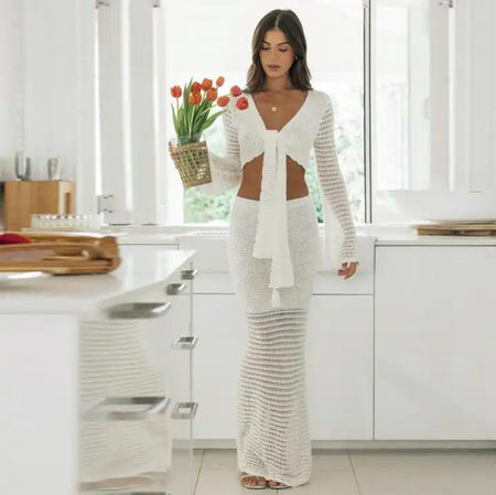 Raya Soft Knot Crochet Coord Set In White - front shot on model holding tulips - Miss Mosa By Akanksha