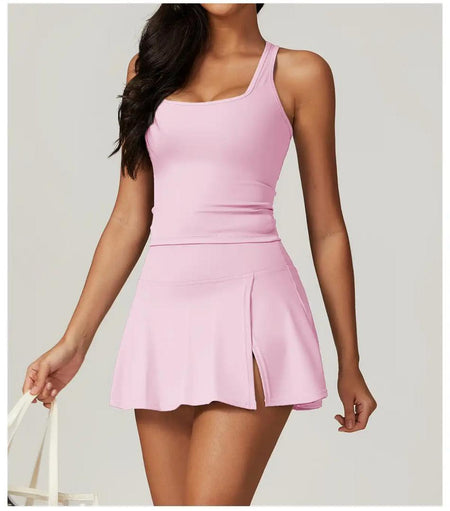 Raye Premium Activewear Set In Pink - front shot on model of tank top and skirt - Miss Mosa By Akanksha