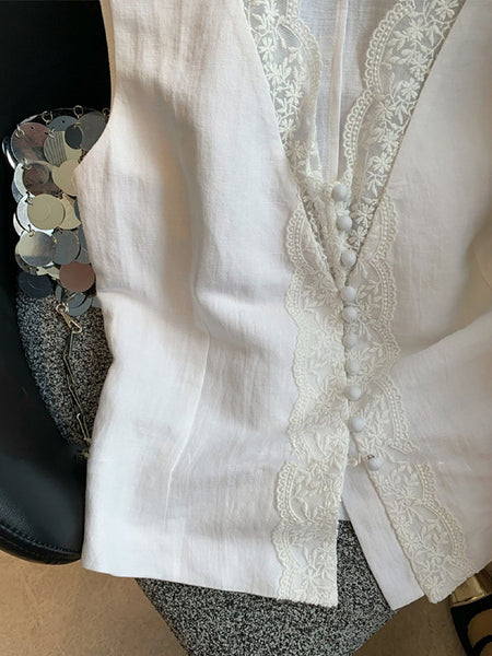 Rayna Solid Vest Summer Top In White - close-up of lace trim detail - Miss Mosa By Akanksha