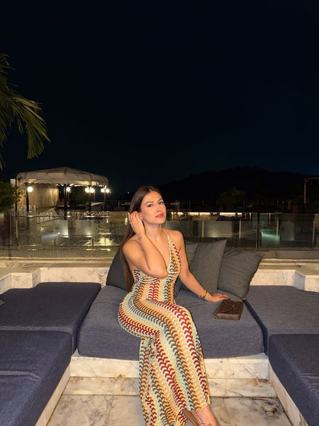 Reba Soft Crochet Dress In Multicolour - side shot on model seated - Miss Mosa By Akanksha