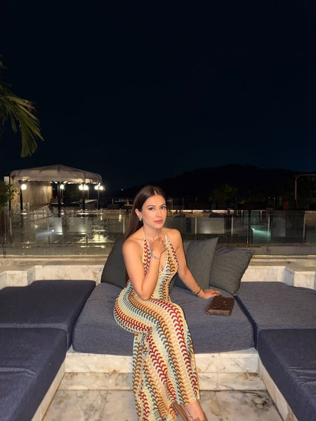 Reba Soft Crochet Dress In Multicolour - side shot on model seated - Miss Mosa By Akanksha