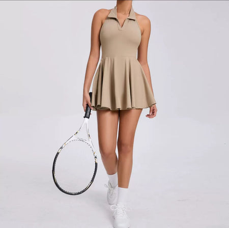 Rebbi Tenniscore Statement Dress With Attached Short In Brown - front shot on model - Miss Mosa By Akanksha