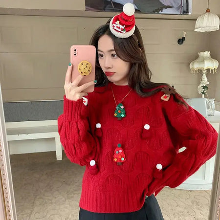 Rebecca Cute Christmassy Sweaters - front shot on model mirror selfie, red - Miss Mosa By Akanksha