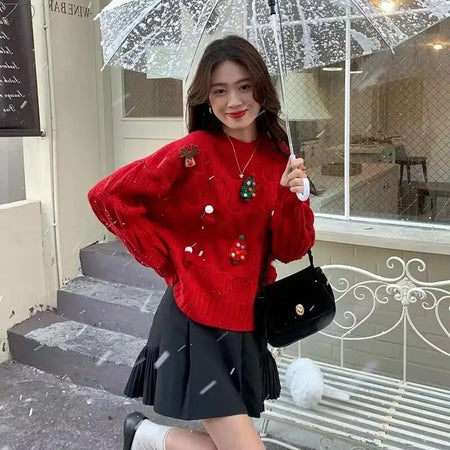 Rebecca Cute Christmassy Sweaters - front shot on model outdoors, red - Miss Mosa By Akanksha