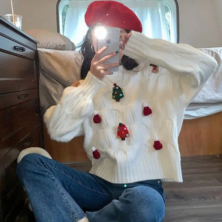 Rebecca Cute Christmassy Sweaters - front shot on model mirror selfie, white - Miss Mosa By Akanksha