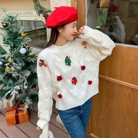 Rebecca Cute Christmassy Sweaters - side shot on model outdoors, white - Miss Mosa By Akanksha